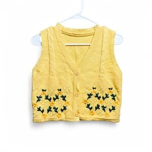 Cottagecore Embroidered Floral Knit Sweater Vest Small‎ Spring Yellow Preppy